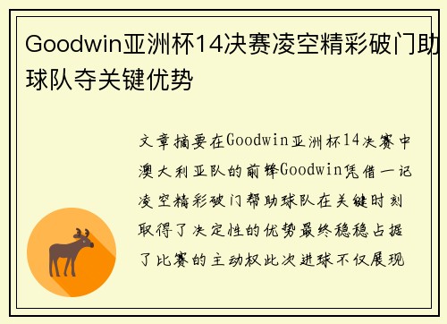 Goodwin亚洲杯14决赛凌空精彩破门助球队夺关键优势