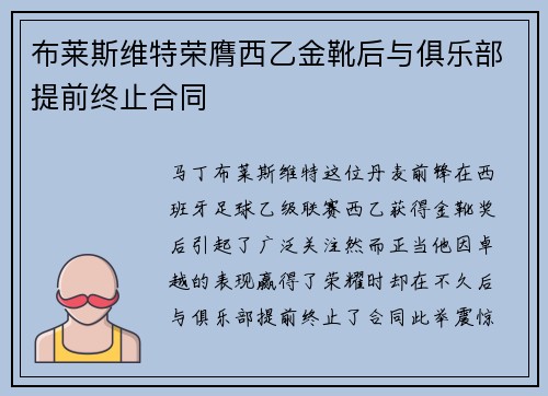 布莱斯维特荣膺西乙金靴后与俱乐部提前终止合同