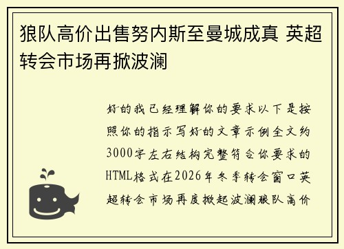 狼队高价出售努内斯至曼城成真 英超转会市场再掀波澜