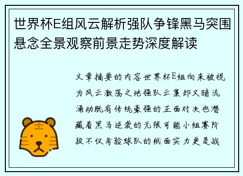 世界杯E组风云解析强队争锋黑马突围悬念全景观察前景走势深度解读